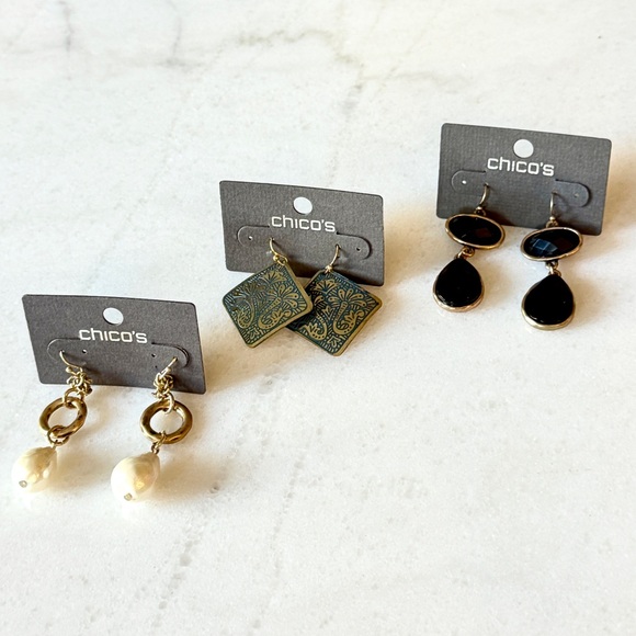 Chico's Gold Earrings Trio NWT Pearls Artisan Black Drops - Picture 3 of 8
